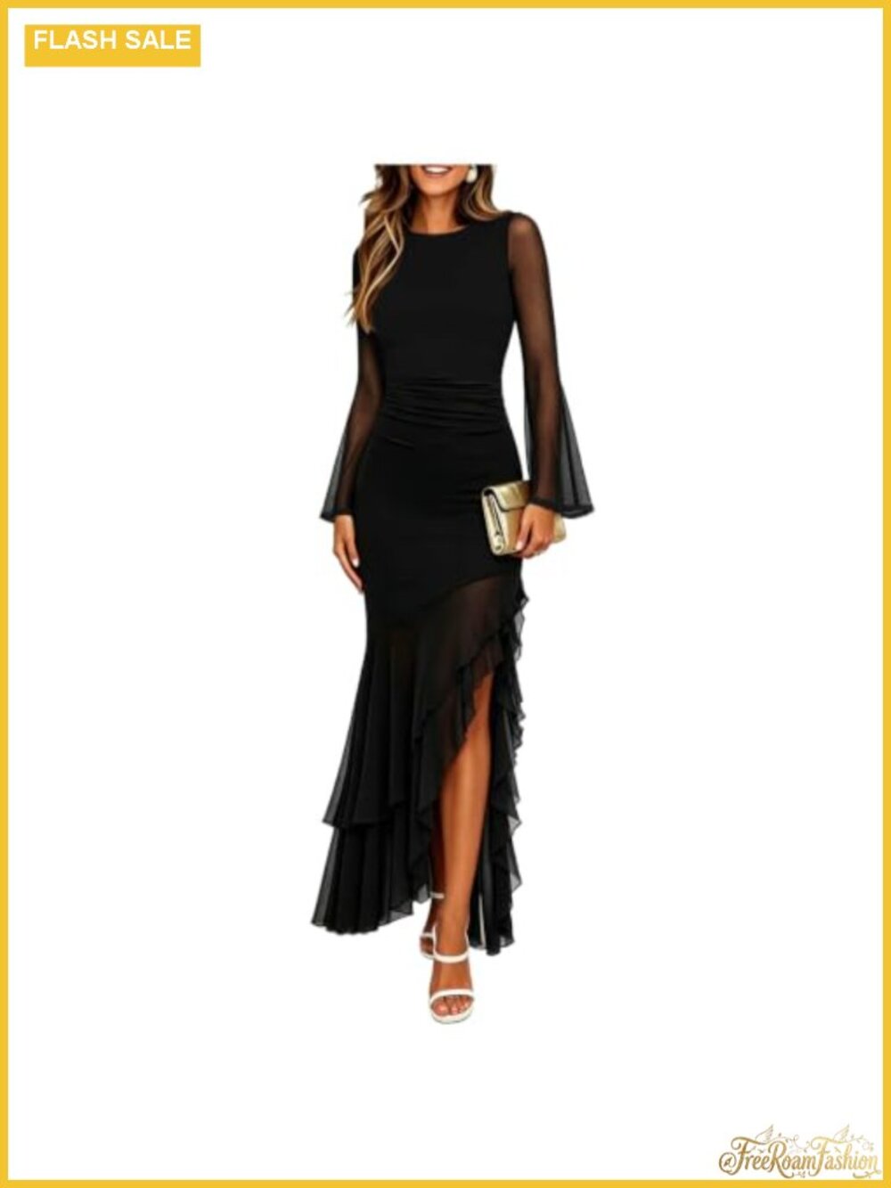 Ruched Bodycon Maxi Dress Mesh Mermaid Long Sleeve Cocktail Wedding Guest